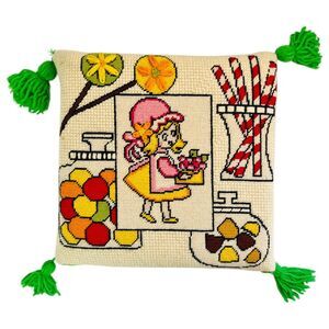 Vintage Needlepoint Throw Pillow Candy Jars Girl Tassels Sweets Kitschy 12" READ